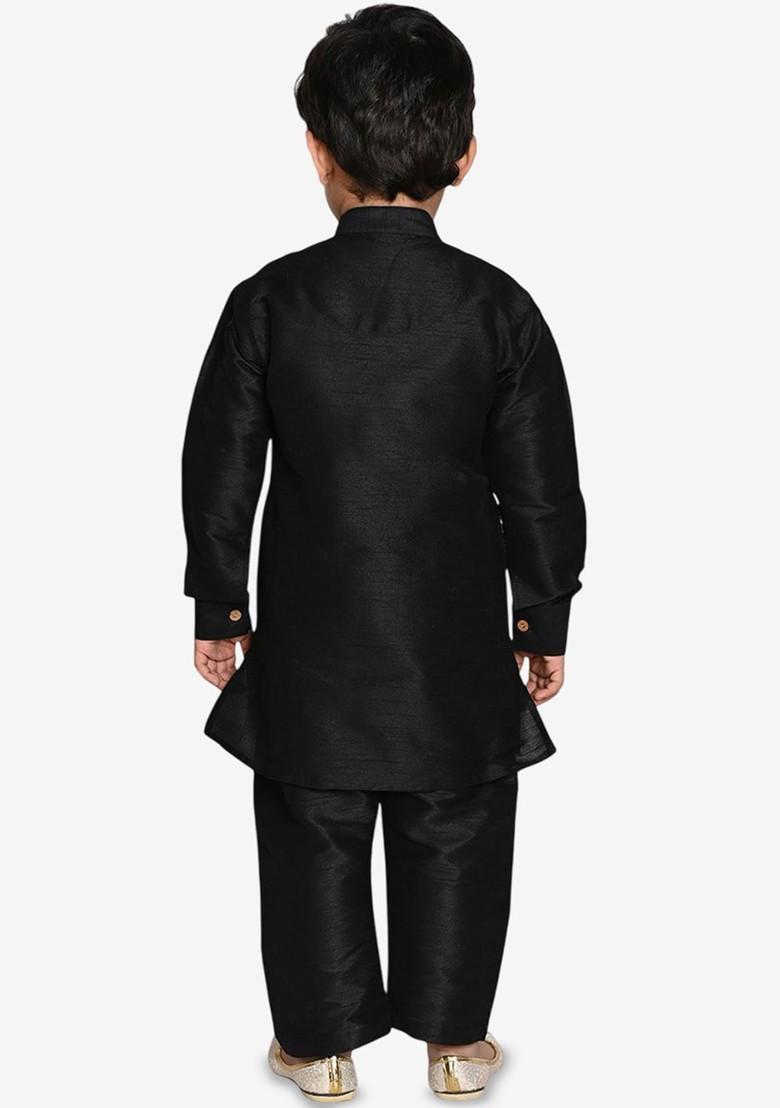 Black Thread Work Blended Kurta Set For Boys - Indya