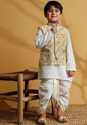 Yellow Embroidered Blended Kurta Dhoti Set For Boys