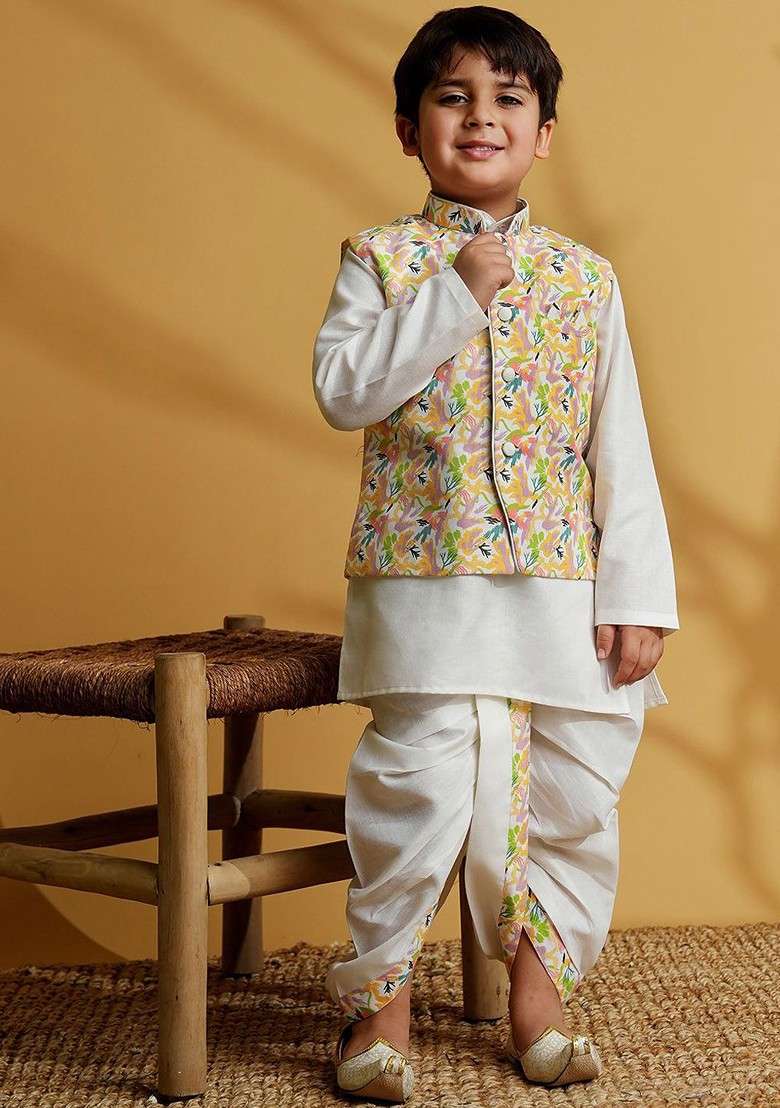 Yellow Embroidered Blended Kurta Dhoti Set For Boys - Indya