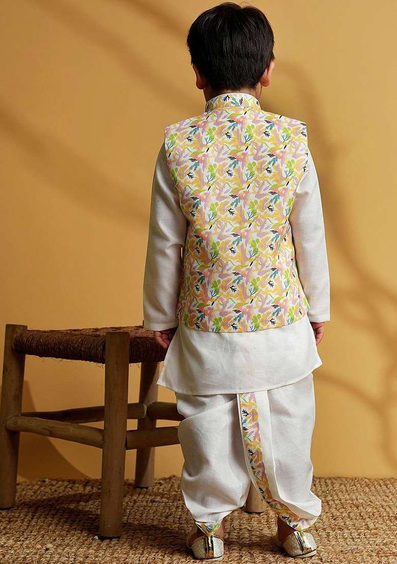 Yellow Embroidered Blended Kurta Dhoti Set For Boys - Indya