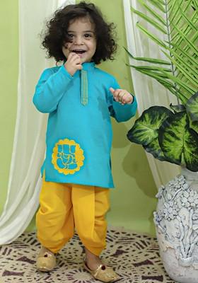 Sea Green Embroidered Cotton Kurta Dhoti Set For Boys