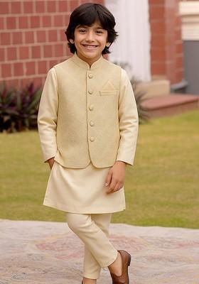 Cream Embroidered Blended Nehru Jacket Set For Boys