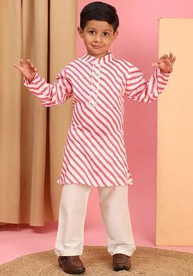 Pink Striped Blended Kurta Set For Boys