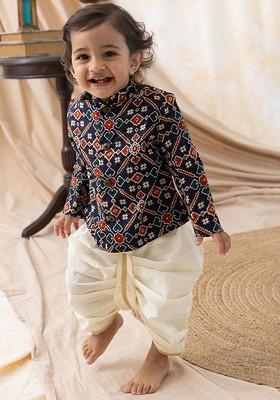 Blue Printed Cotton Kurta Dhoti Set For Boys