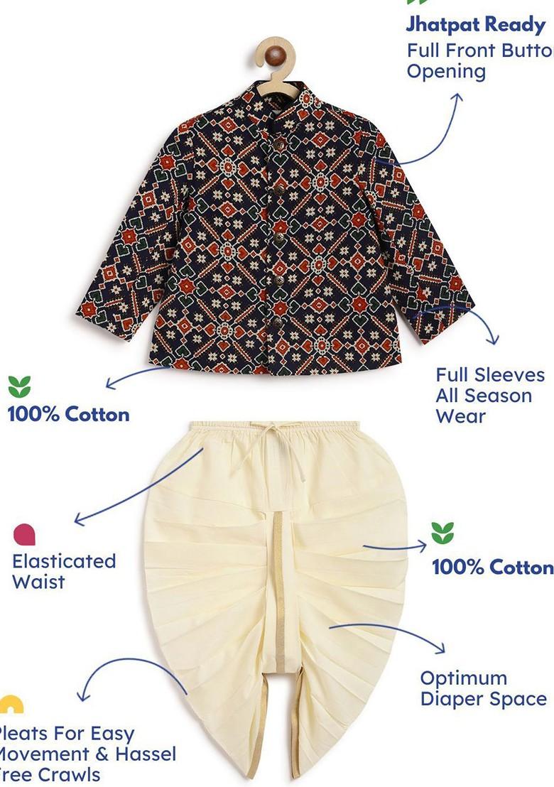 Blue Printed Cotton Kurta Dhoti Set For Boys - Indya