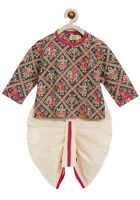 Green Printed Cotton Kurta Dhoti Set For Boys