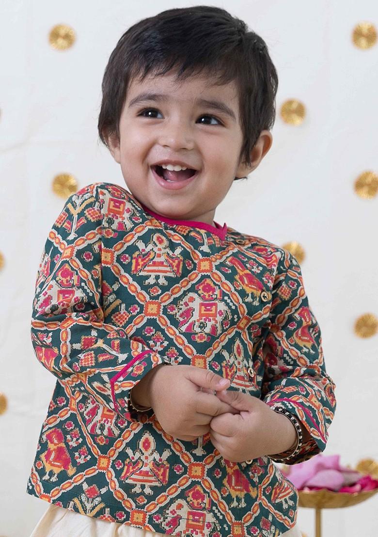 Green Printed Cotton Kurta Dhoti Set For Boys - Indya
