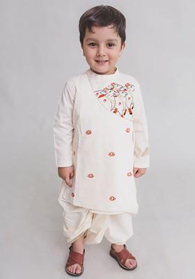 Cream Embroidered Blended Kurta Dhoti Set For Boys