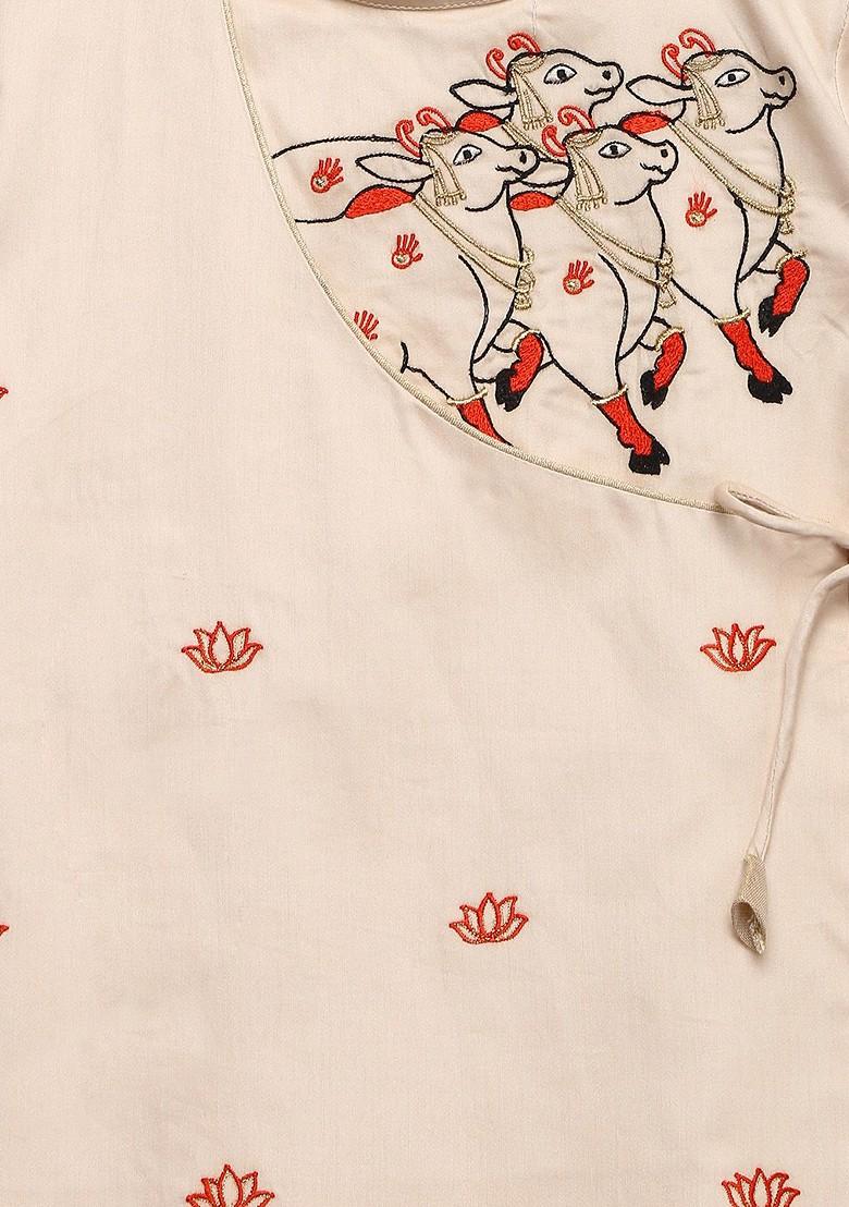 Cream Embroidered Blended Kurta Dhoti Set For Boys - Indya