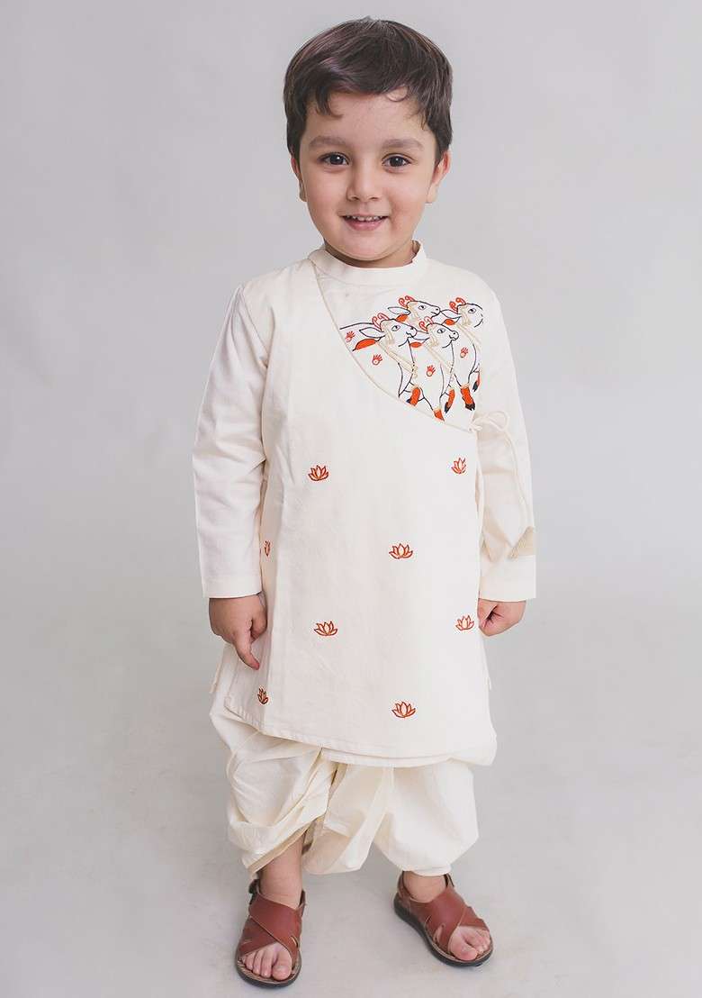 Cream Embroidered Blended Kurta Dhoti Set For Boys - Indya