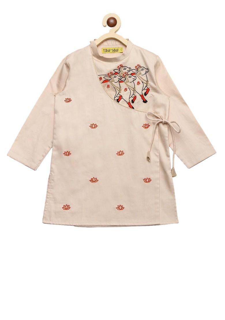 Cream Embroidered Blended Kurta Dhoti Set For Boys - Indya