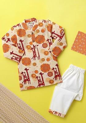 Cream Printed Cotton Kurta Set For Boys