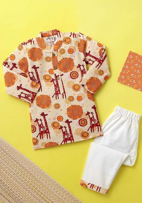 Cream Printed Cotton Kurta Set For Boys