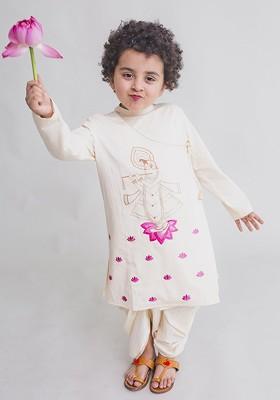 Cream Embroidered Blended Kurta Dhoti Set For Boys