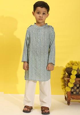 Grey Printed Blended Kurta Set For Boys