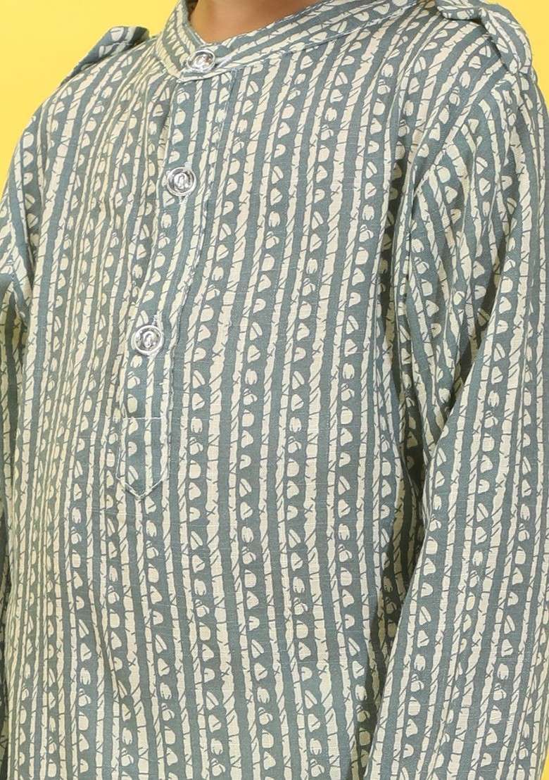 Grey Printed Blended Kurta Set For Boys - Indya