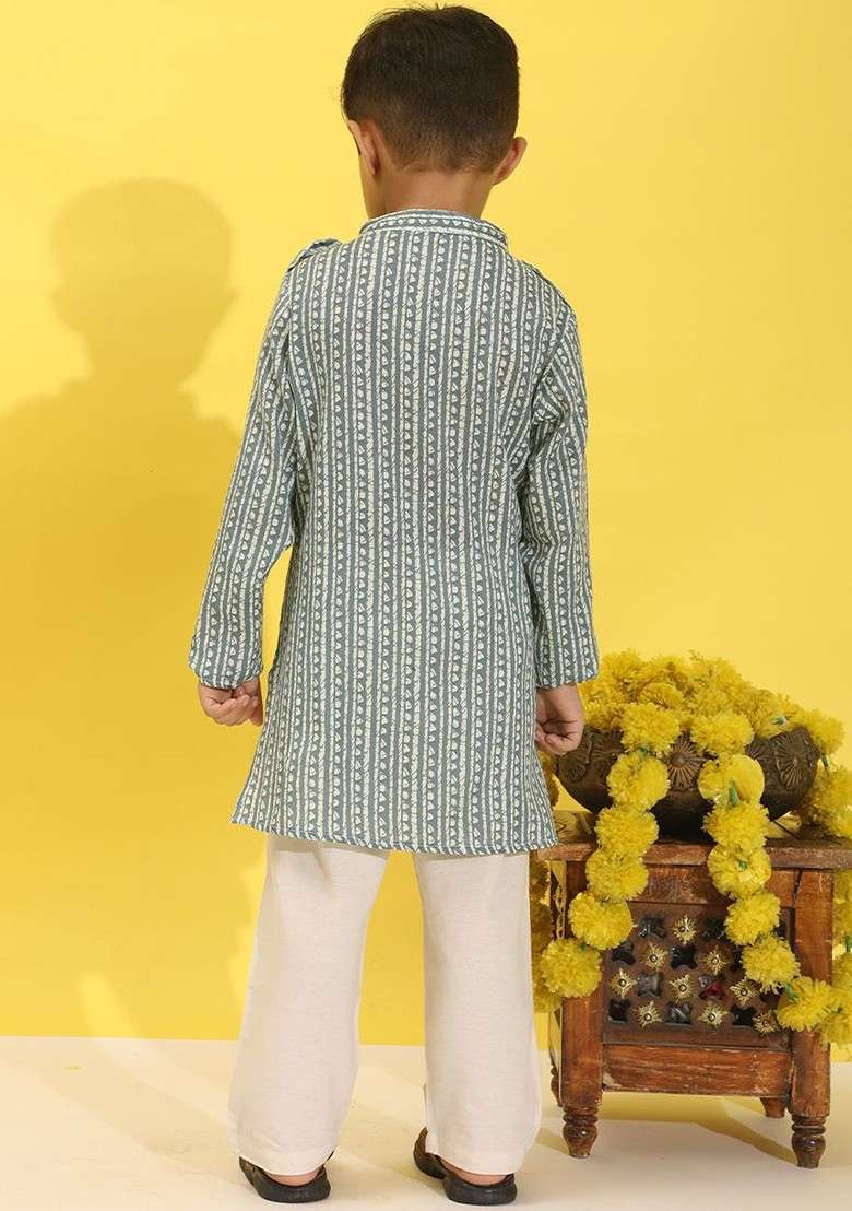Grey Printed Blended Kurta Set For Boys - Indya