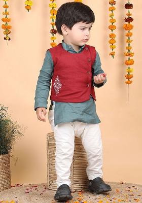 Grey Thread Work Cotton Kurta Set For Boys