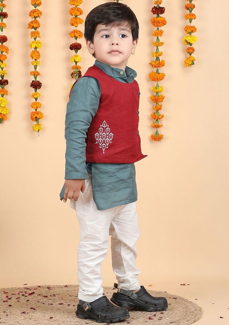 Grey Thread Work Cotton Kurta Set For Boys - Indya