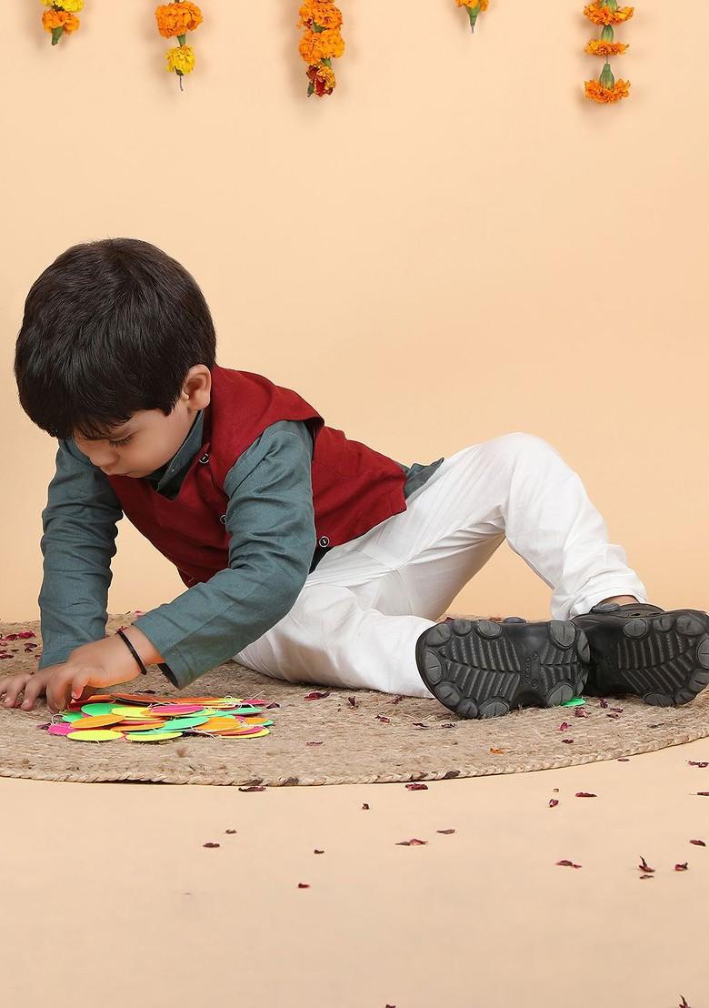Grey Thread Work Cotton Kurta Set For Boys - Indya