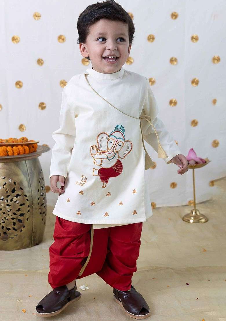 Cream Embroidered Cotton Kurta Dhoti Set For Boys - Indya