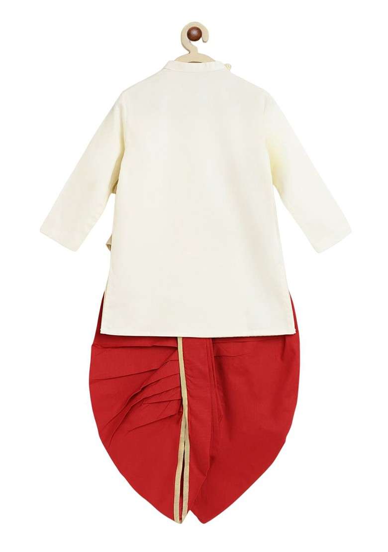 Cream Embroidered Cotton Kurta Dhoti Set For Boys - Indya