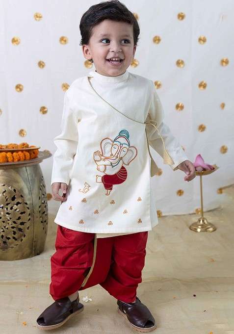 Cream Embroidered Cotton Kurta Dhoti Set For Boys
