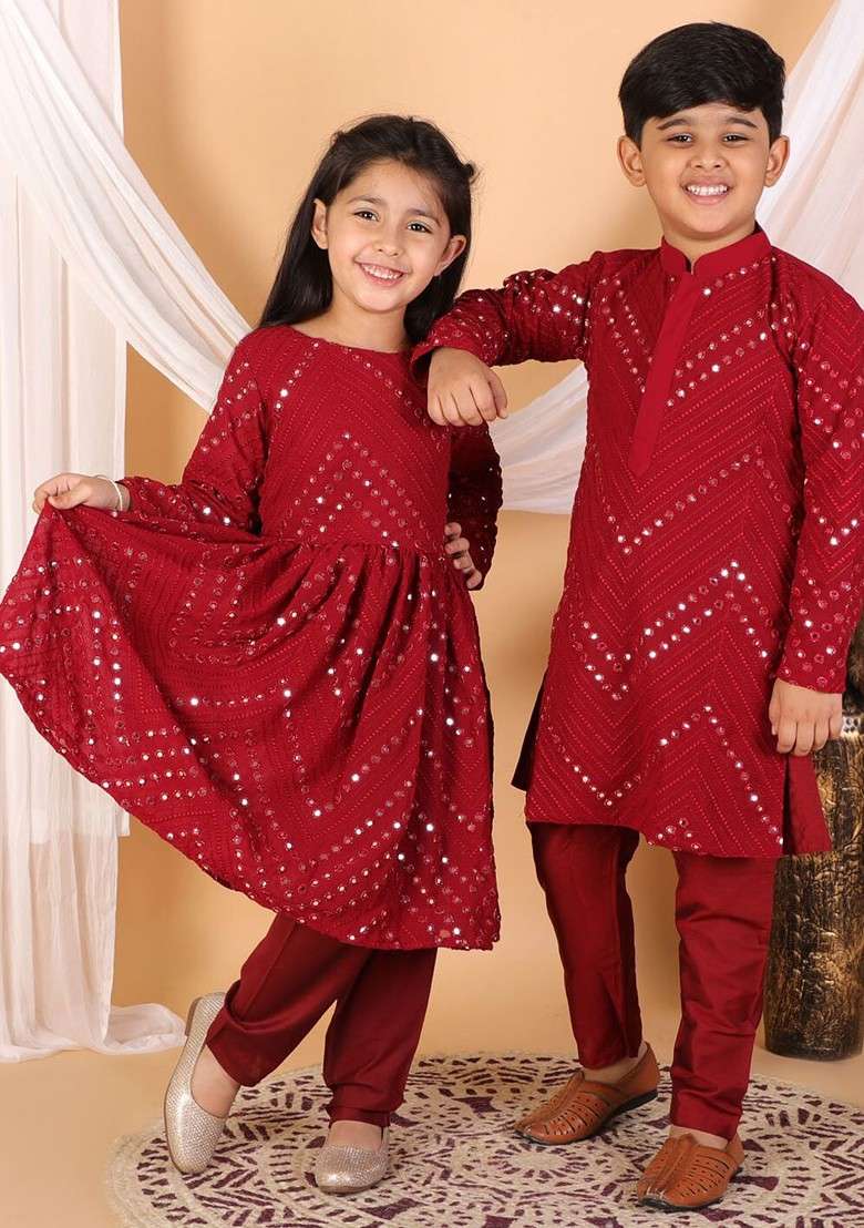 Maroon Embroidered Blended Kurta Set For Boys - Indya
