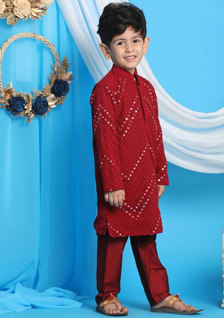Maroon Embroidered Blended Kurta Set For Boys - Indya