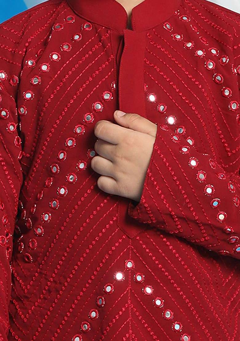 Maroon Embroidered Blended Kurta Set For Boys - Indya