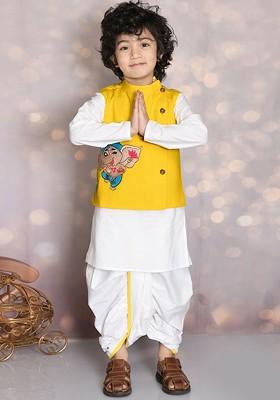 Yellow Printed Blended Kurta Dhoti Set For Boys