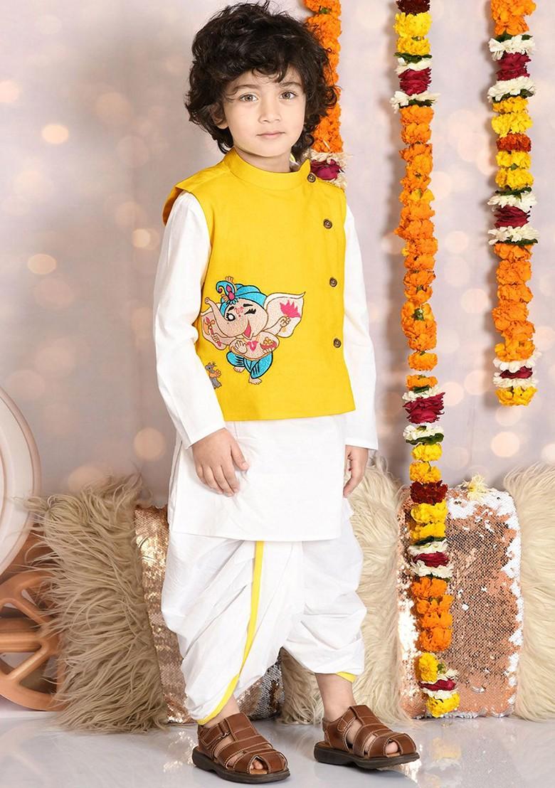 Yellow Printed Blended Kurta Dhoti Set For Boys - Indya