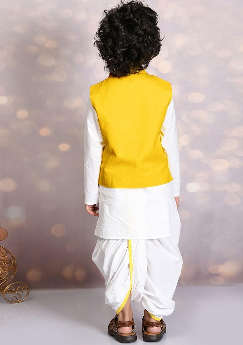 Yellow Printed Blended Kurta Dhoti Set For Boys - Indya