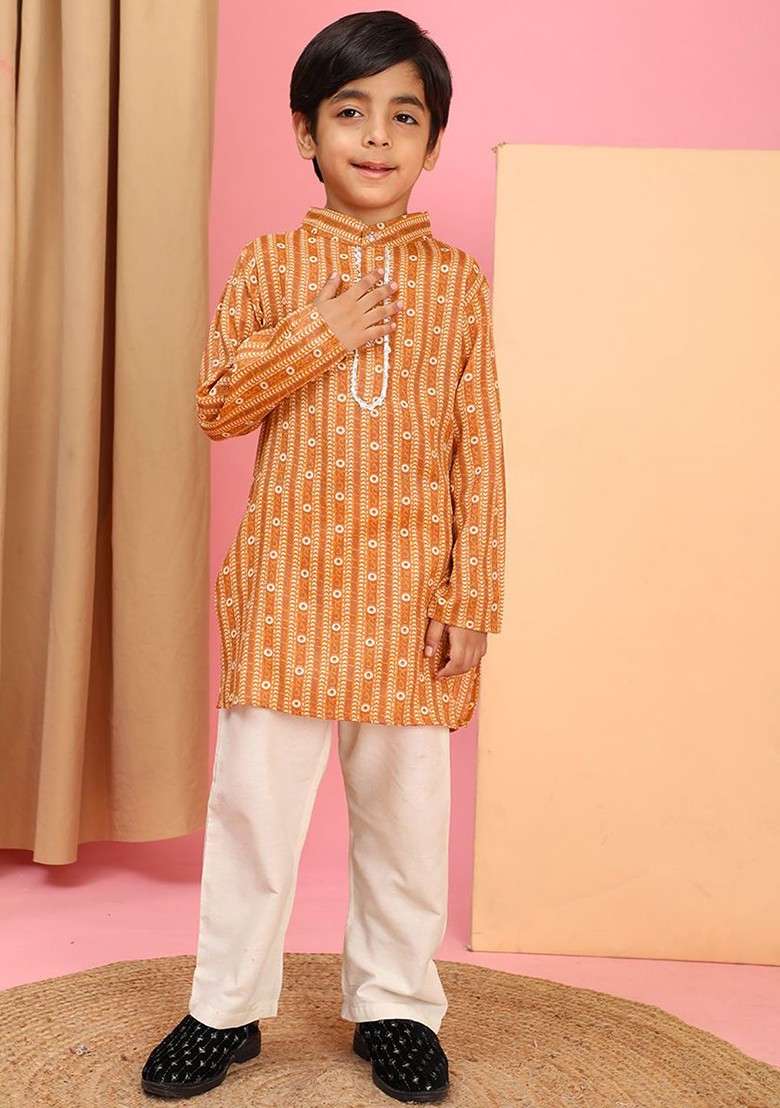 Rust Printed Blended Kurta Set For Boys - Indya