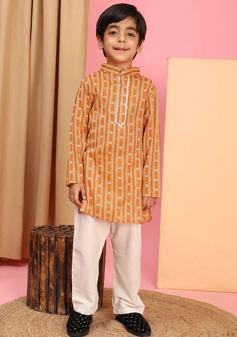 Rust Printed Blended Kurta Set For Boys - Indya