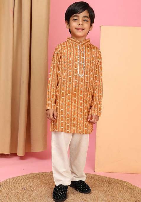 Rust Printed Blended Kurta Set For Boys