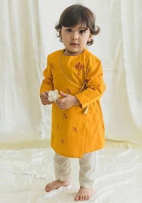 Yellow Embroidered Cotton Kurta Set For Boys