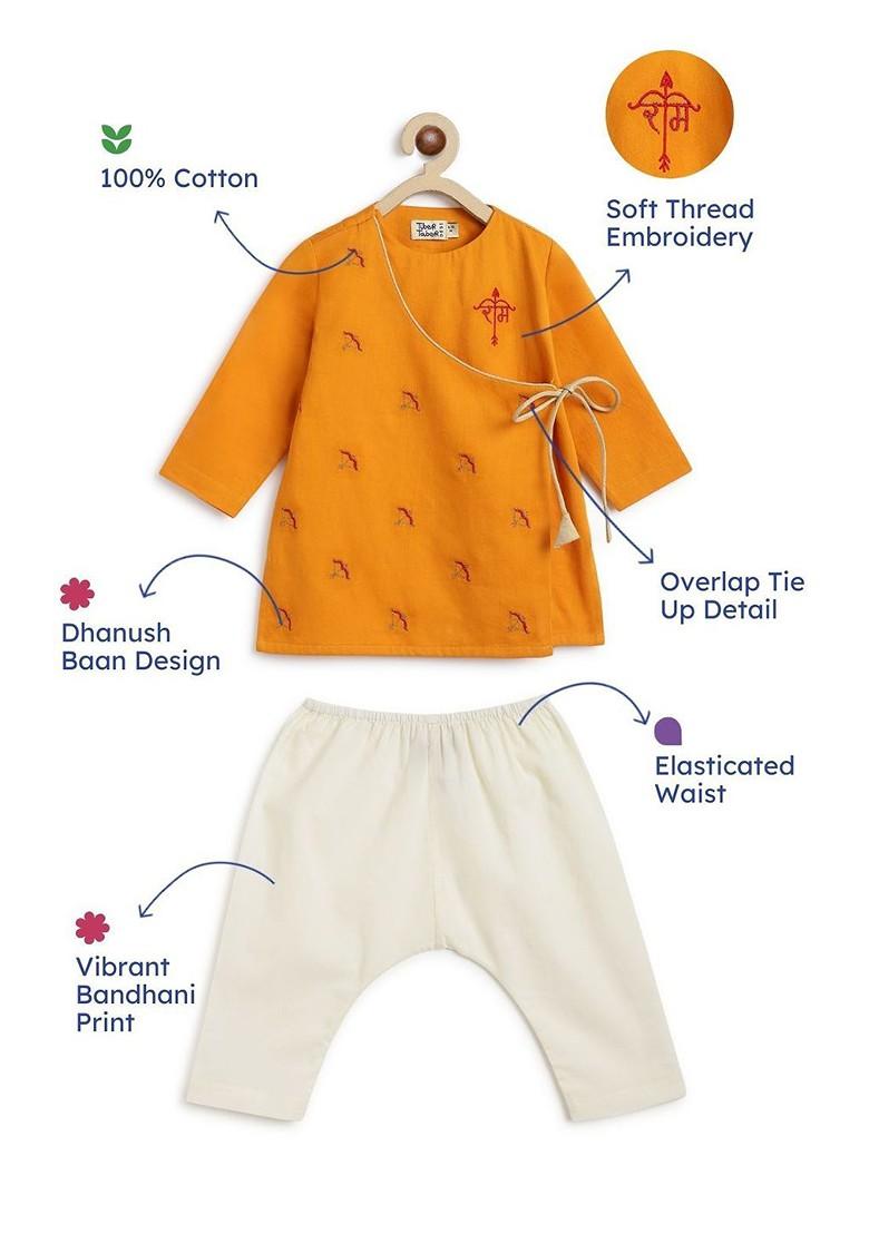 Yellow Embroidered Cotton Kurta Set For Boys - Indya