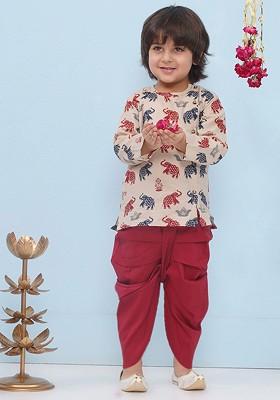 Beige Printed Cotton Kurta Dhoti Set For Boys