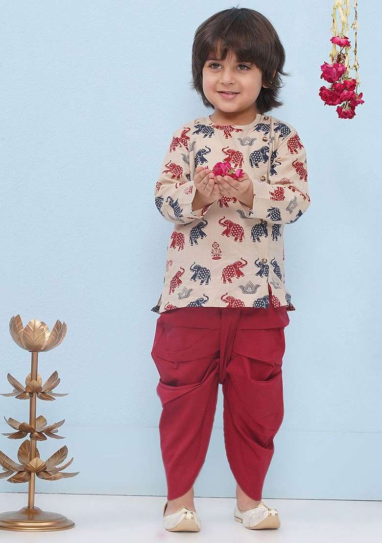 Beige Printed Cotton Kurta Dhoti Set For Boys - Indya