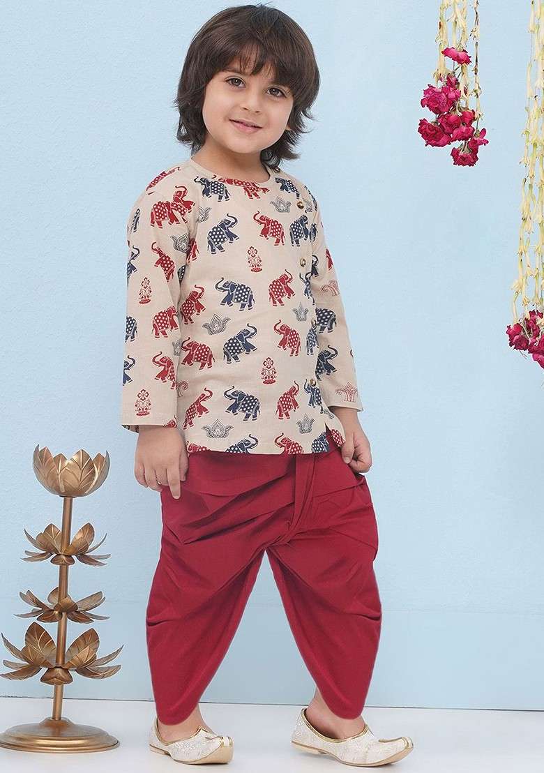 Beige Printed Cotton Kurta Dhoti Set For Boys - Indya