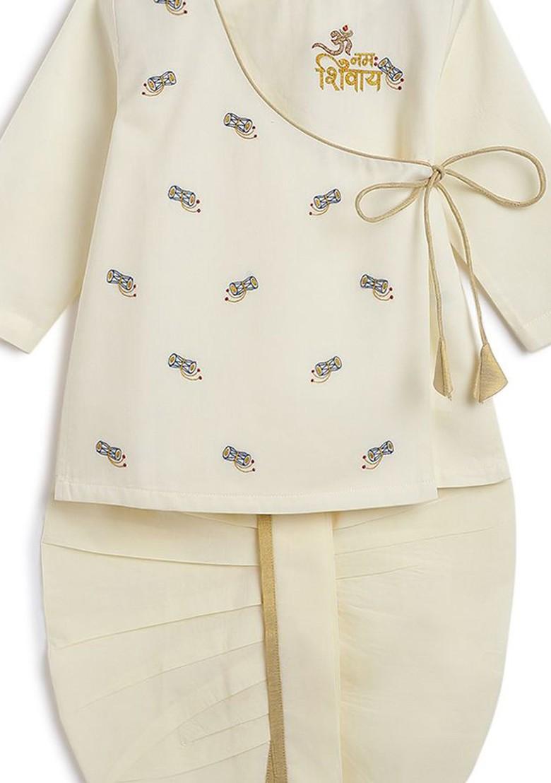 Cream Embroidered Blended Kurta Dhoti Set For Boys - Indya