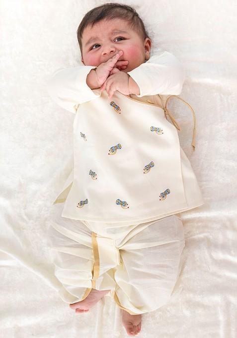 Cream Embroidered Blended Kurta Dhoti Set For Boys — view on Indya