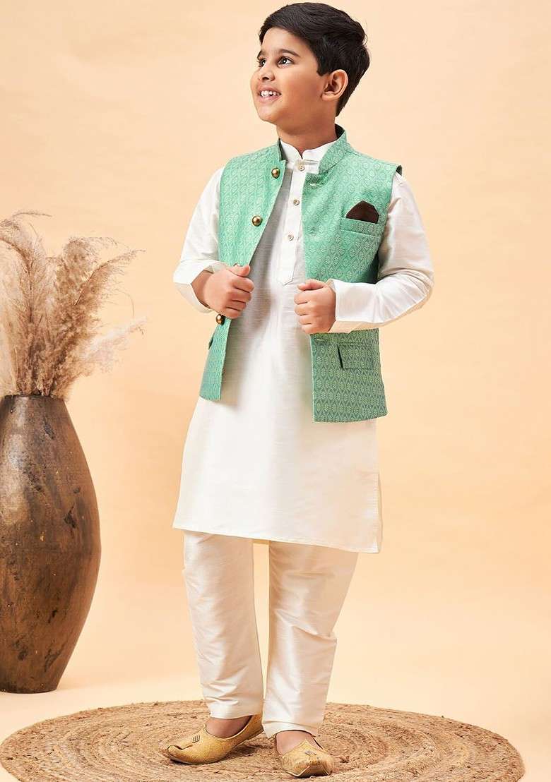 Cream Embroidered Blended Kurta Set For Boys - Indya