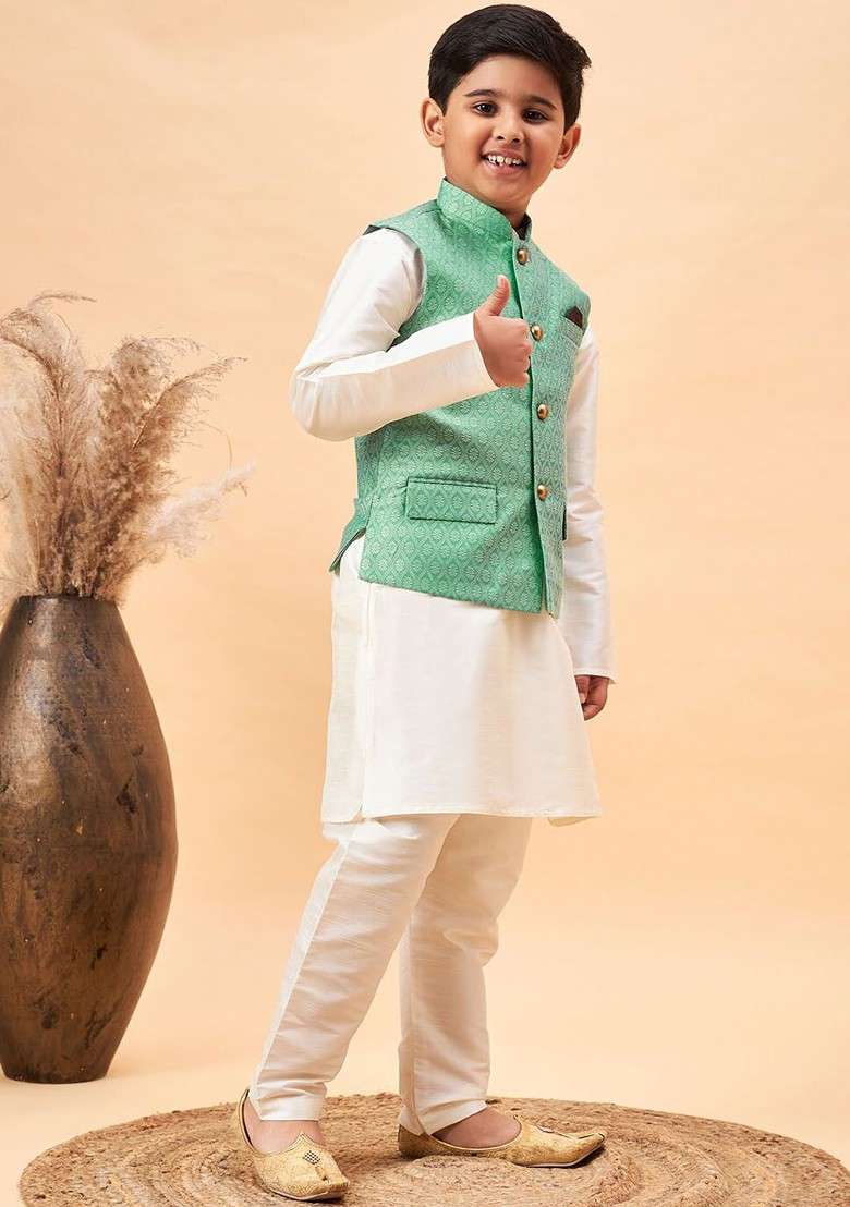 Cream Embroidered Blended Kurta Set For Boys - Indya
