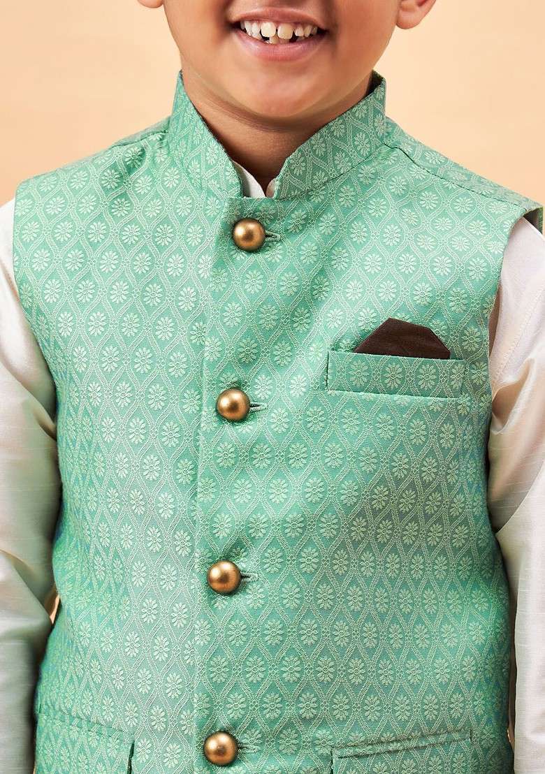 Cream Embroidered Blended Kurta Set For Boys - Indya