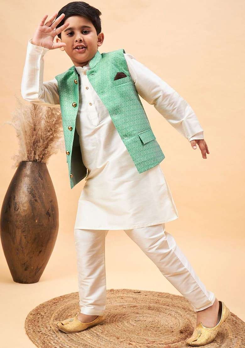 Cream Embroidered Blended Kurta Set For Boys - Indya