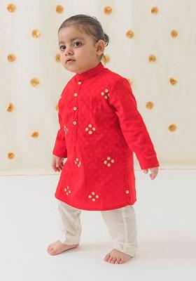 Red Embroidered Cotton Kurta Set For Boys