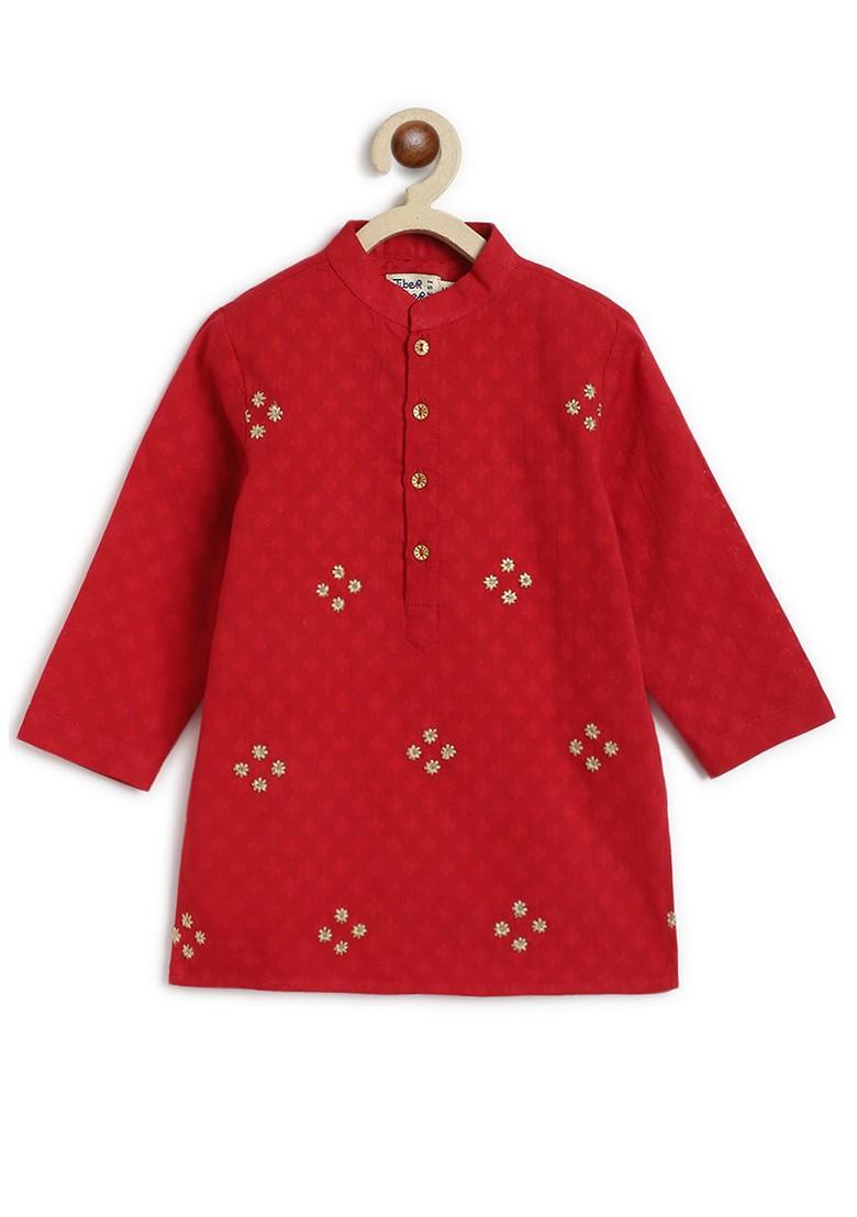 Red Embroidered Cotton Kurta Set For Boys - Indya