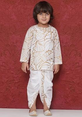 White Printed Cotton Kurta Dhoti Set For Boys